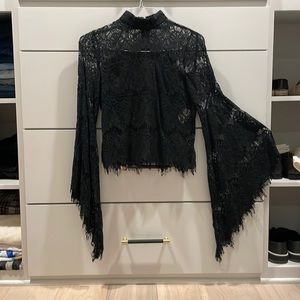 Black long bell sleeve lace top with zipper back